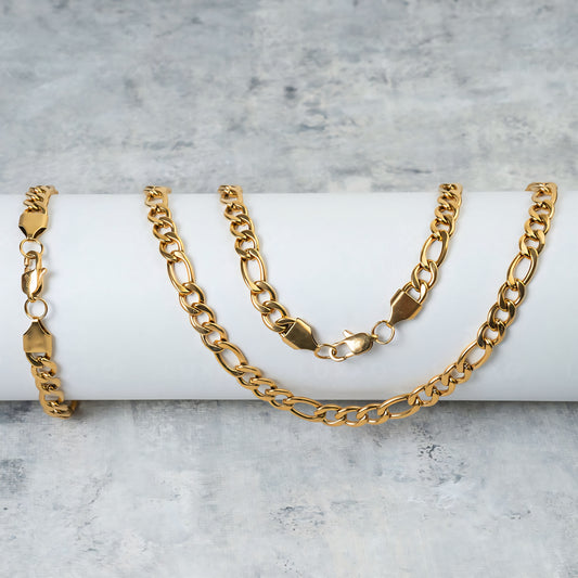 Set Cadena y Pulsera Figaro Hombre Oro Laminado 18K | LAYER GOLD